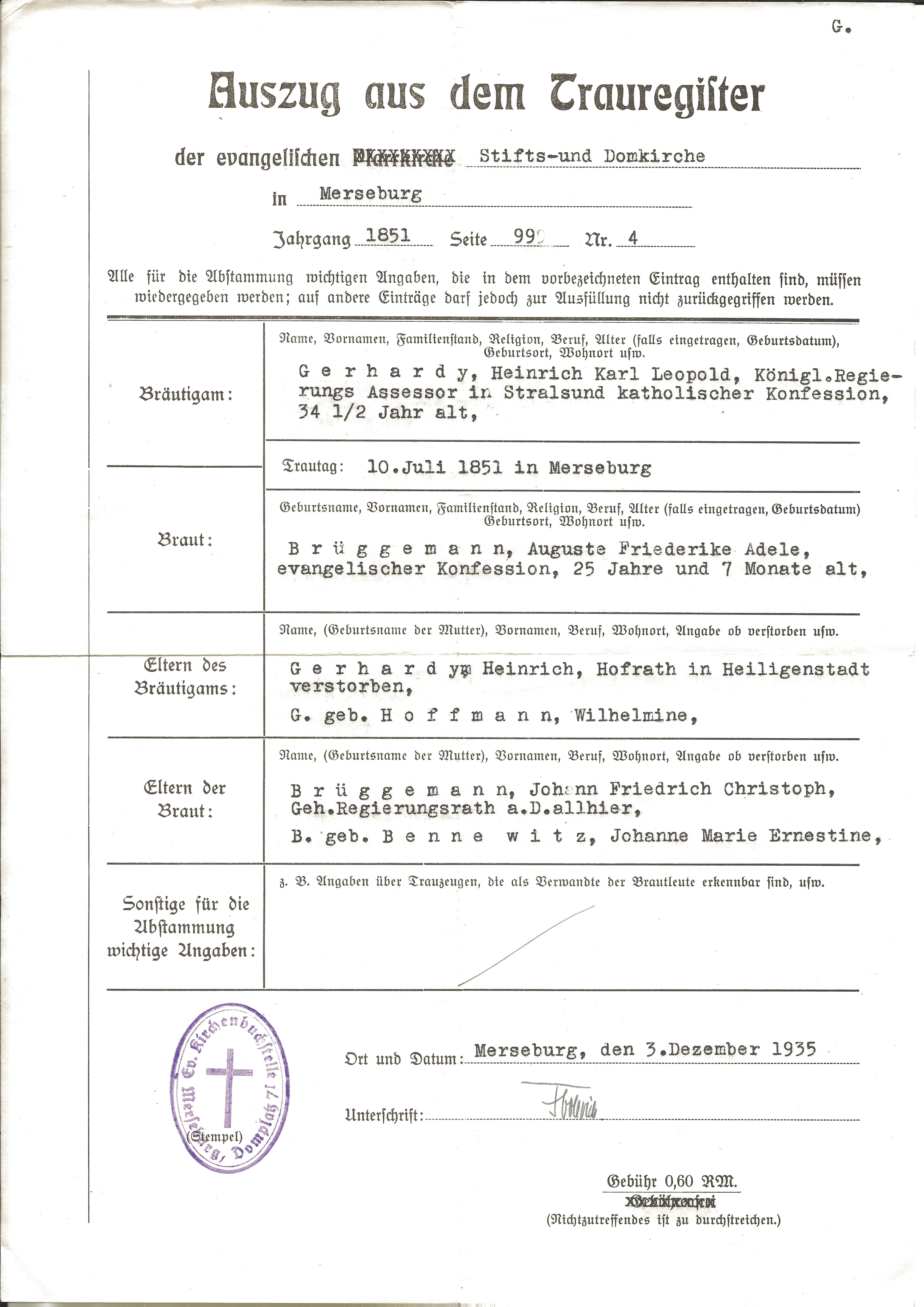 Auszug Trauregister